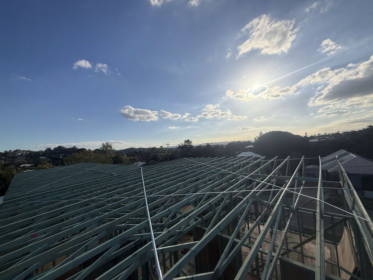 Roof trusses set and braced